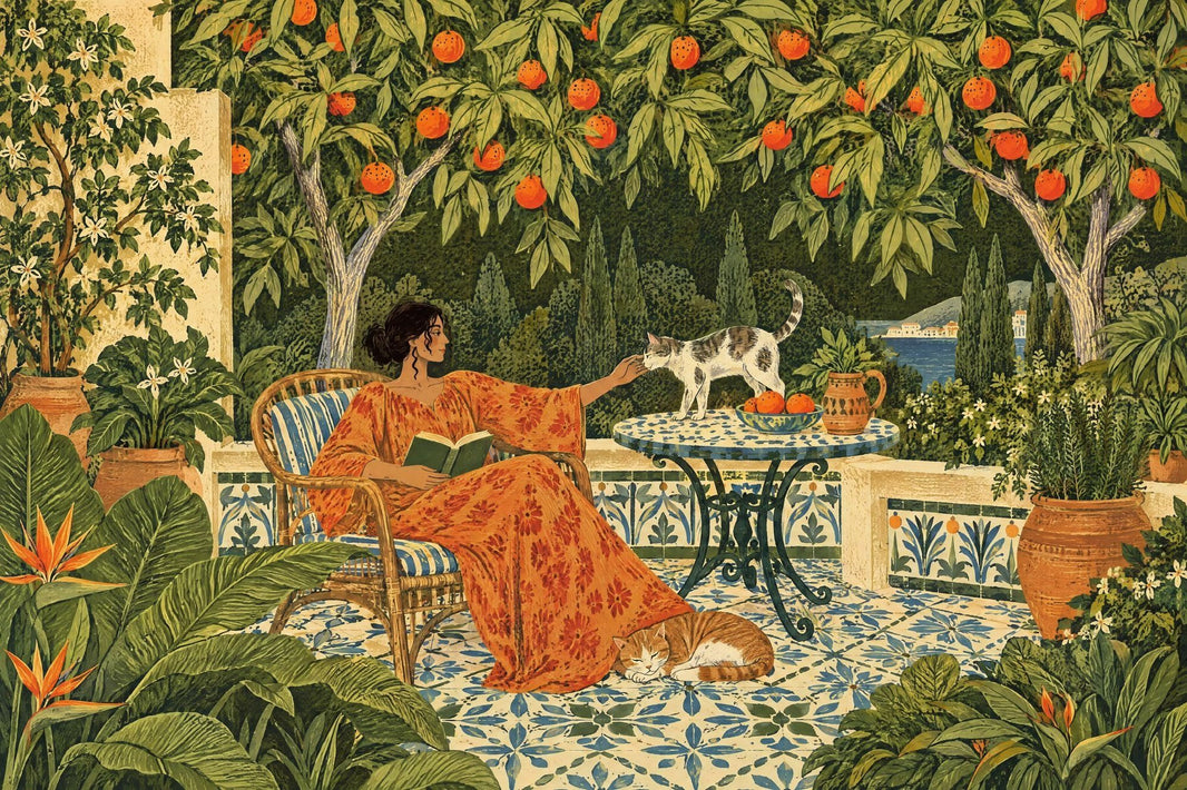 Mediterranean Terrace Woman And Cats Wallpaper Mural, Vintage Inspired Blue Tile Garden pattern artwork
