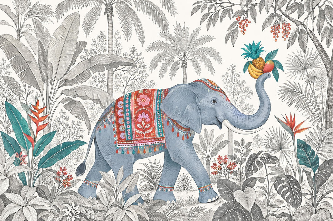 Blue Elephant Jungle Wallpaper Mural White Background Vintage Inspired Engraving Style pattern artwork
