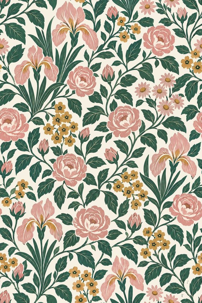 Pink Rose Botanical Wallpaper On Cream Background pattern artwork