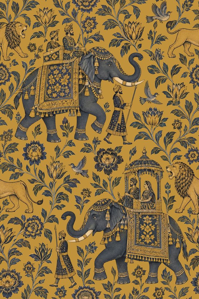 Royal Elephant Procession Wallpaper Gold Background Vintage Inspired Toile pattern artwork