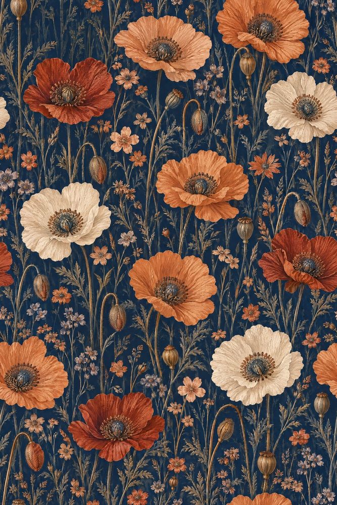 Poppies Wallpaper Vintage Inspired Botanical On Dark Navy Background pattern artwork