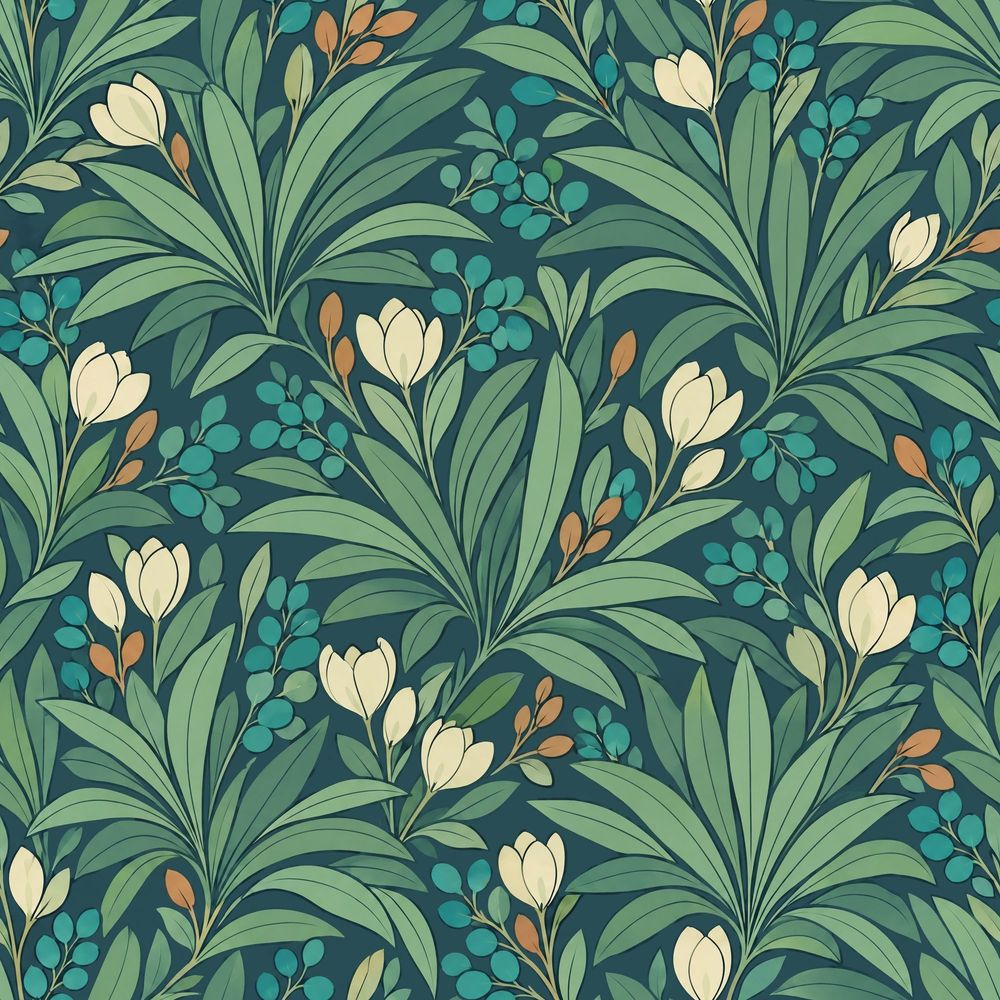 Tropical Leaves And Cream Flowers Wallpaper Muted Green Teal Berries pattern artwork