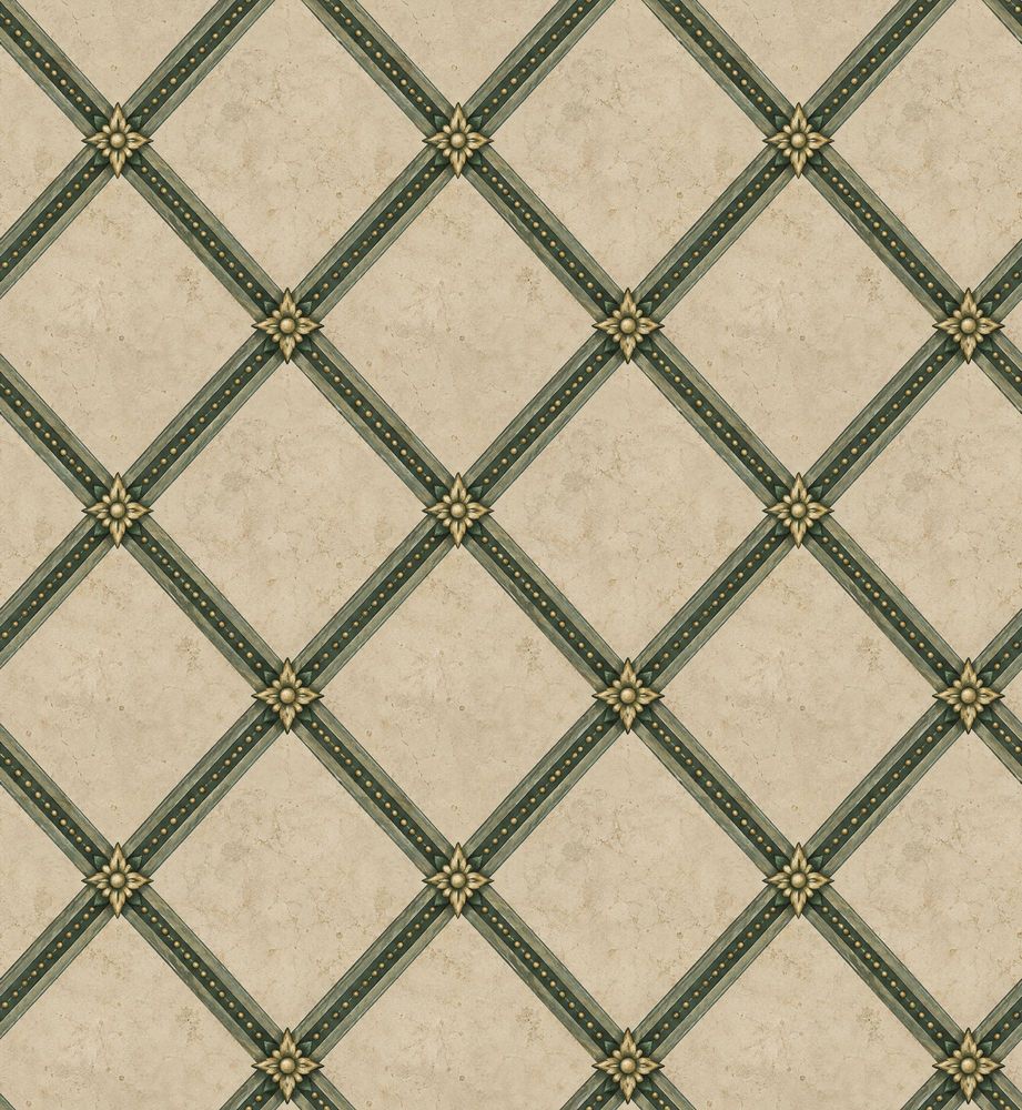Green Lattice Rosette Wallpaper Muted Green And Gold On Beige Plaster pattern artwork