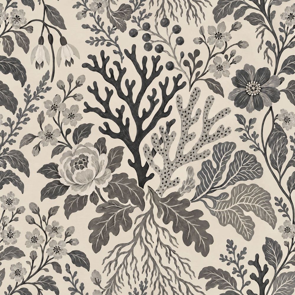 Gray Botanical Floral Wallpaper On Ivory Background pattern artwork