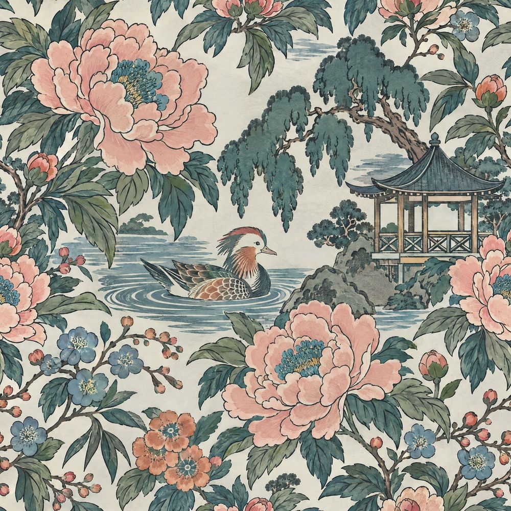 Peonies And Duck Wallpaper Chinoiserie Garden In Cream And Teal pattern artwork