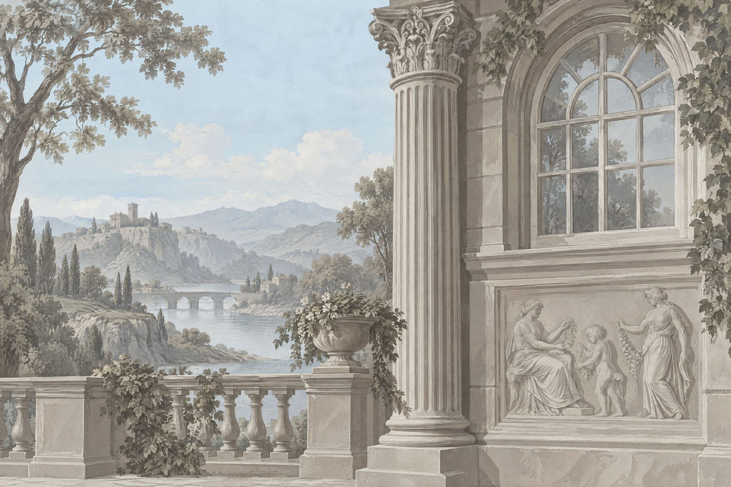 Classical Stone Terrace Landscape Wallpaper Mural Vintage Inspired Fresco Style pattern artwork