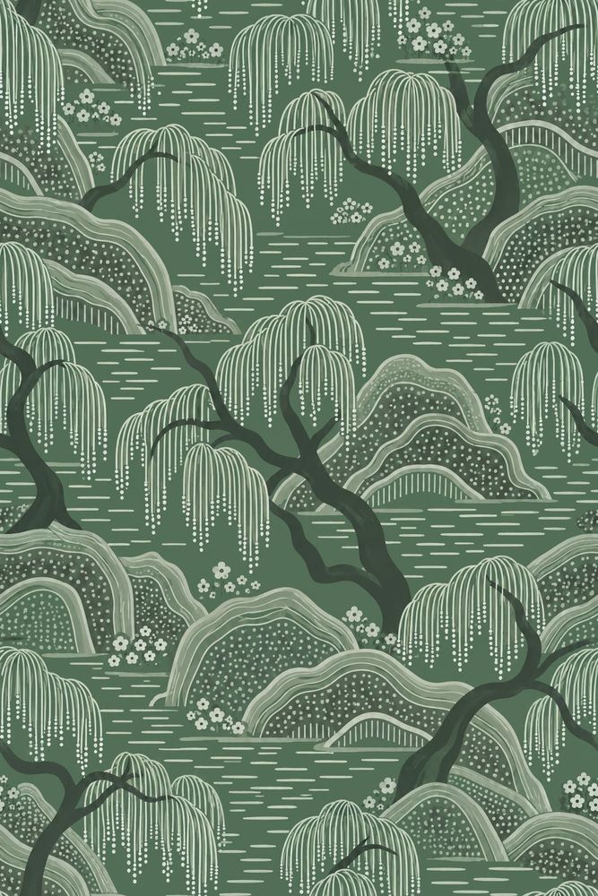 Willow Trees Wallpaper Sage Green Asian Landscape Pattern pattern artwork