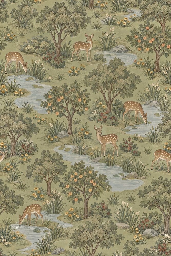 Spotted Deer Stream Wallpaper Vintage Inspired Green Scenic Landscape pattern artwork