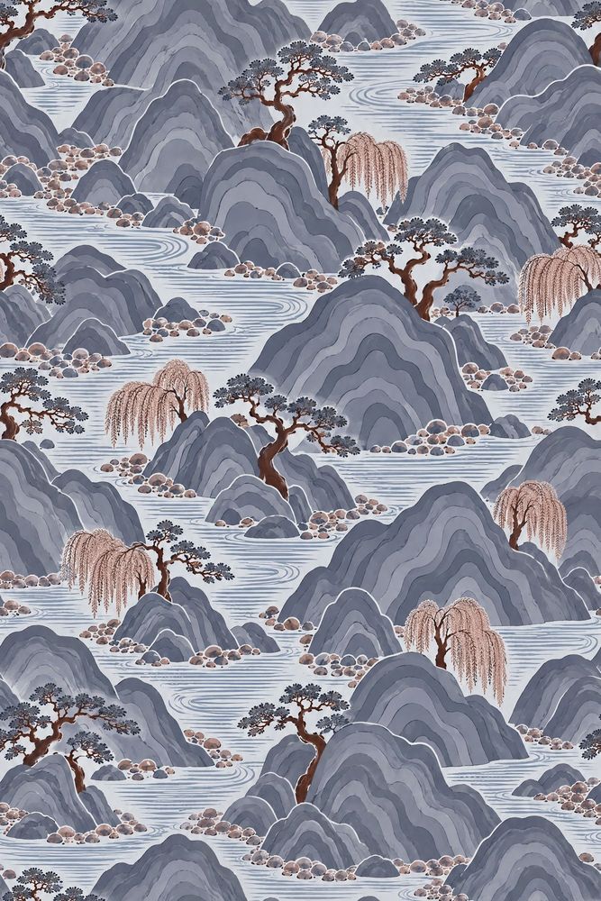 East Asian Mountains Wallpaper Gray Blue Chinoiserie Landscape pattern artwork