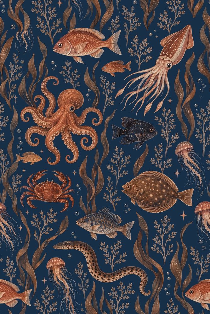 Octopus And Fish Wallpaper Vintage Inspired Ocean Pattern On Dark Navy pattern artwork