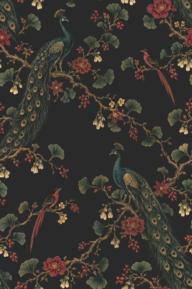 Peacock And Exotic Birds Wallpaper Dark Chinoiserie Floral pattern artwork