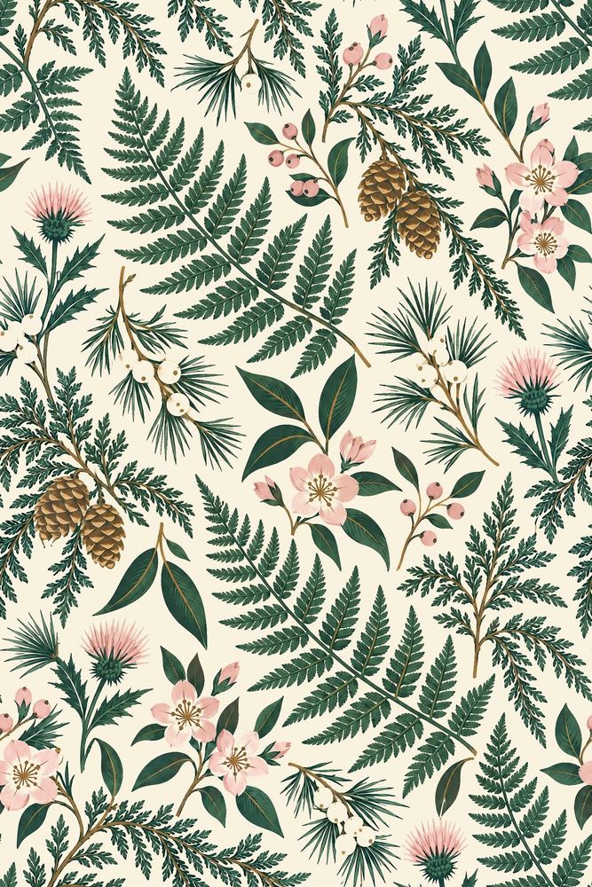 Fern And Pinecone Wallpaper Vintage Inspired Botanical On Cream pattern artwork
