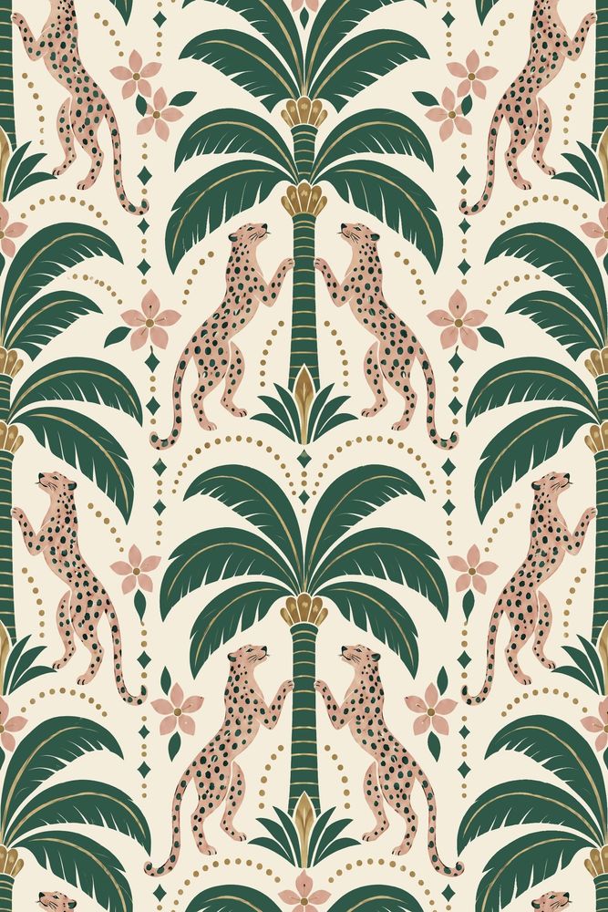 Pink Leopards And Palm Trees Wallpaper Art Deco Cream Background pattern artwork