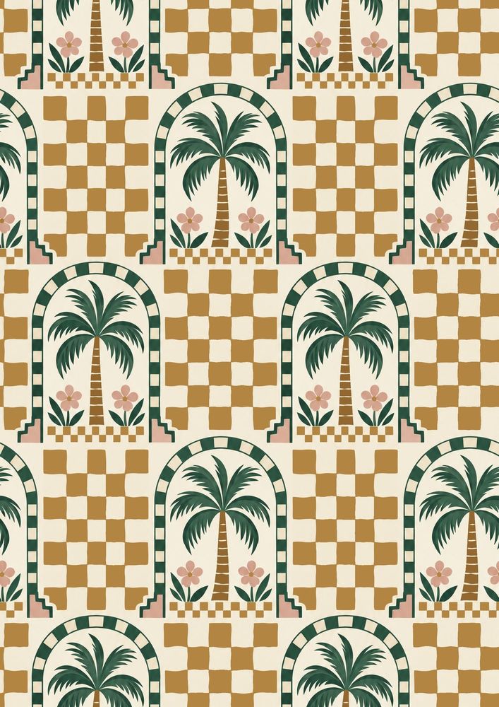 Tropical Palm Wallpaper Arched Tile Checkerboard In Cream Mustard And Green pattern artwork