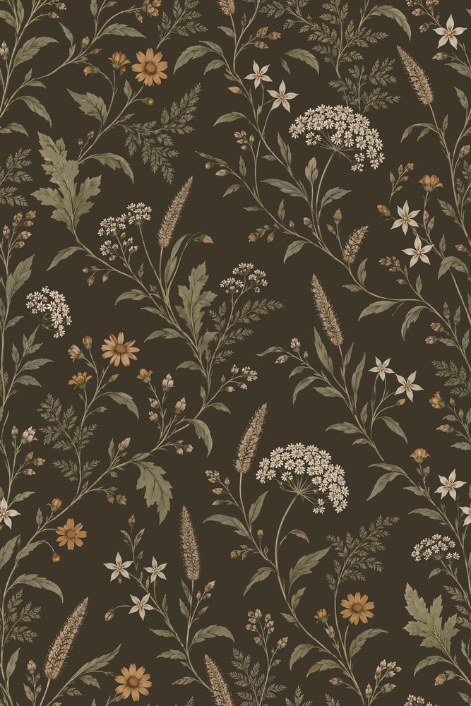 Wildflower Branches Wallpaper Dark Brown Vintage Inspired Botanical pattern artwork