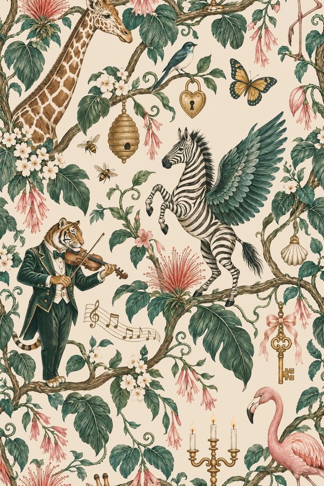 Whimsical Jungle Animals Wallpaper Cream Background Vintage Inspired Botanical pattern artwork