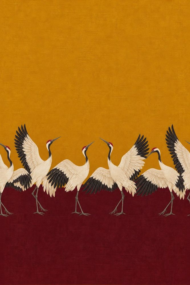 Red Crowned Cranes Wallpaper Gold And Burgundy Blocks pattern artwork
