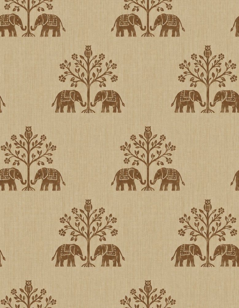 Elephant And Owl Tree Wallpaper Beige Brown Block Print pattern artwork