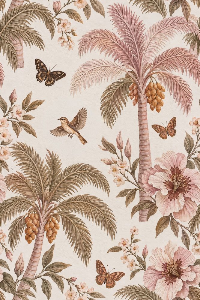 Blush Tropical Botanical Wallpaper Vintage Inspired Florals With Butterflies pattern artwork