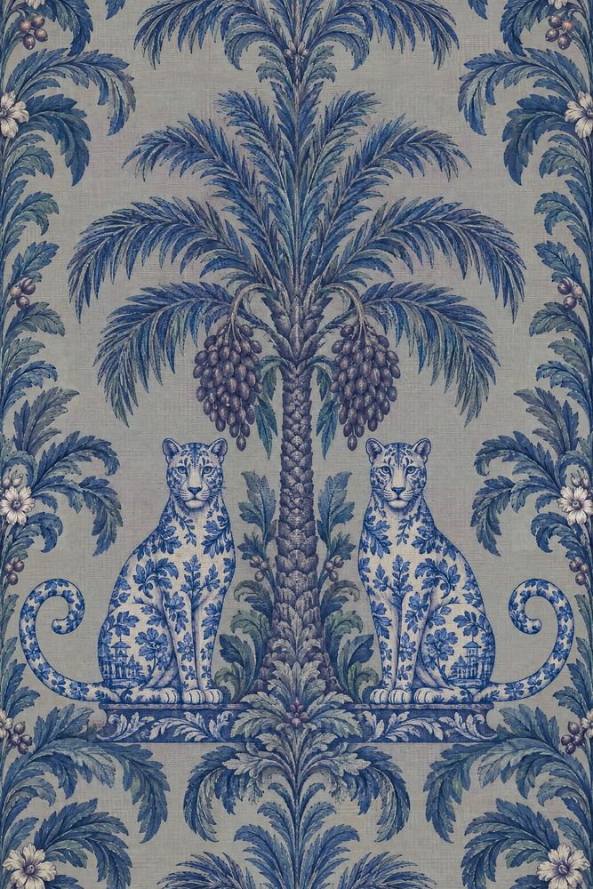 Palm Tree And Leopards Wallpaper Blue Toile On Linen Texture pattern artwork