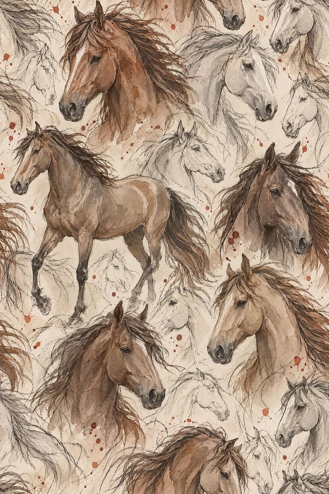Watercolor Horses Wallpaper Beige Rustic Sketch Pattern pattern artwork
