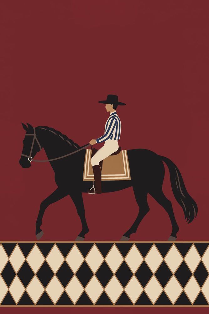 Horse Rider Wallpaper Burgundy Field With Geometric Border pattern artwork