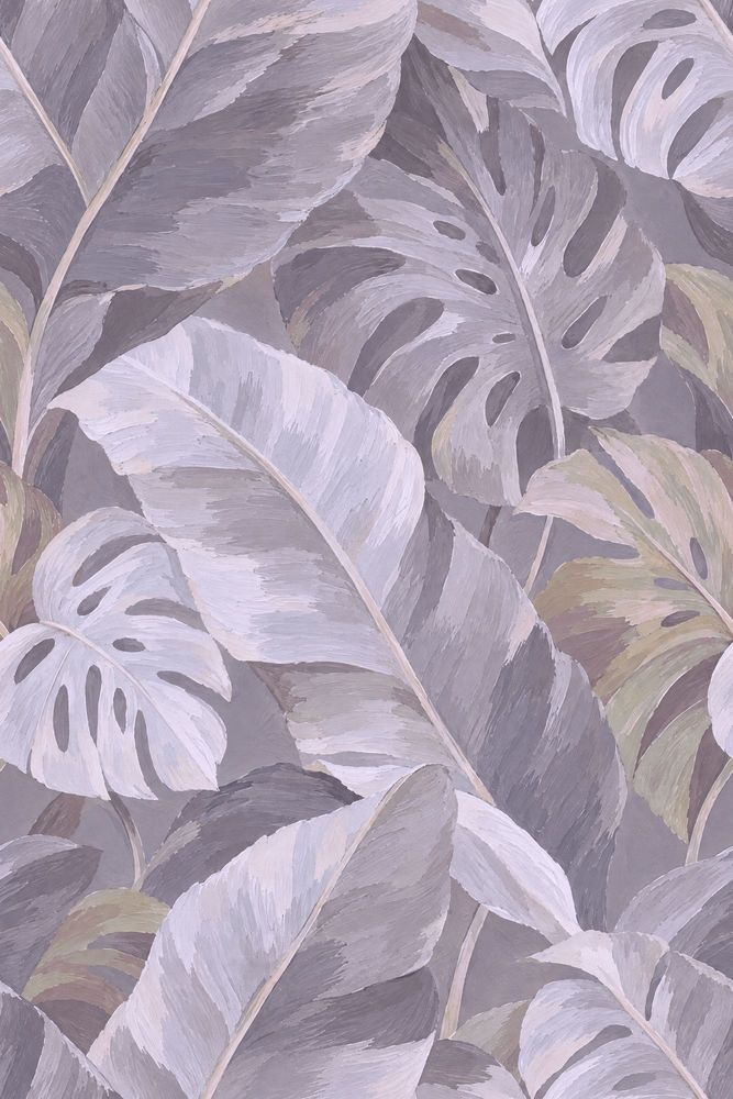 Muted Monstera Leaves Wallpaper Painterly Gray Foliage pattern artwork