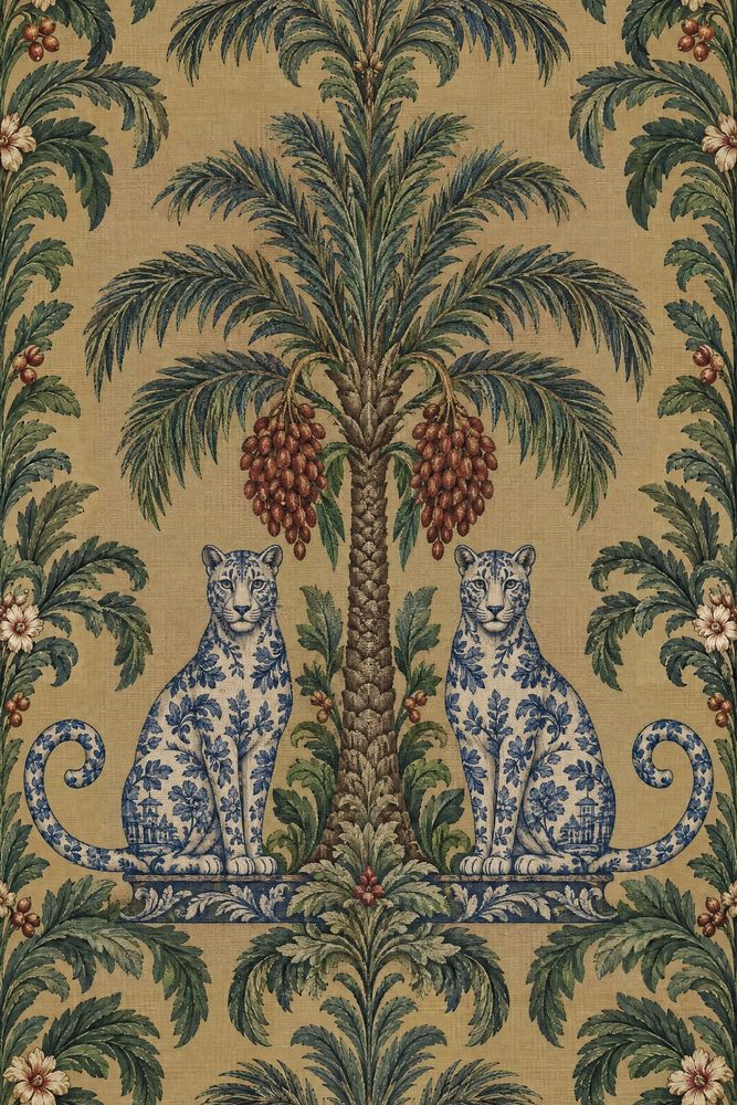 Palm Tree And Leopard Chinoiserie Wallpaper Tan Background pattern artwork