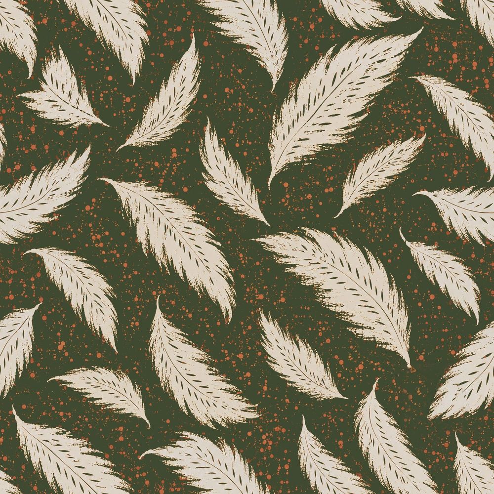 Cream Feather Wallpaper Dark Green Bohemian Repeat pattern artwork