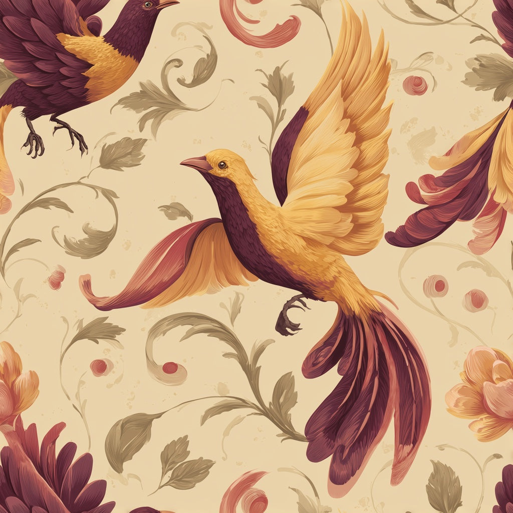Vintage Bird Wallpaper Ornamental Floral Vines Beige Background Removable Wall Decor pattern artwork