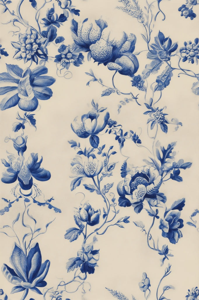 Toile Floral Wallpaper Blue And White Removable Vintage Botanical Wall Decor pattern artwork