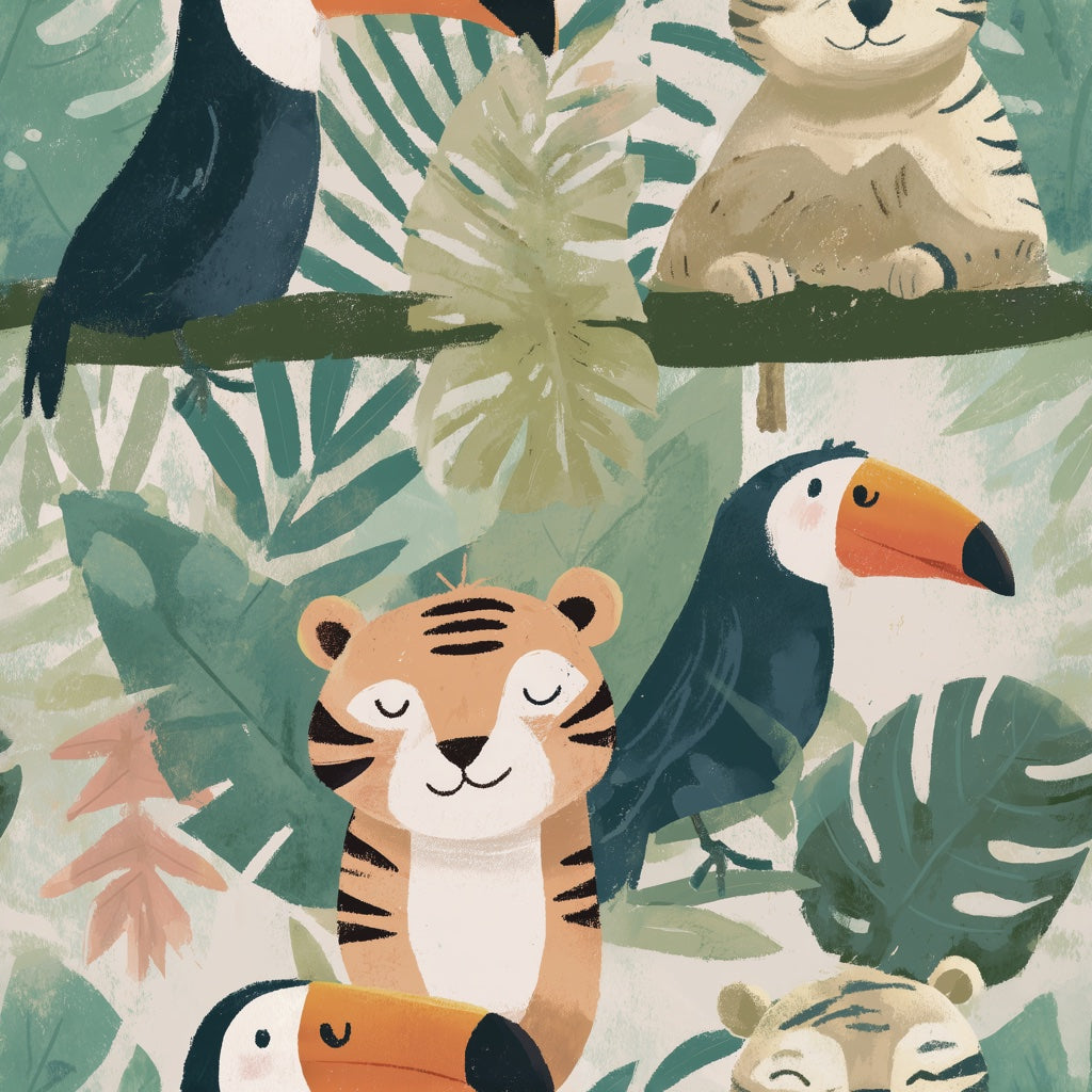Tropical Jungle Wallpaper Green Foliage Toucan Removable Wall Decor pattern artwork