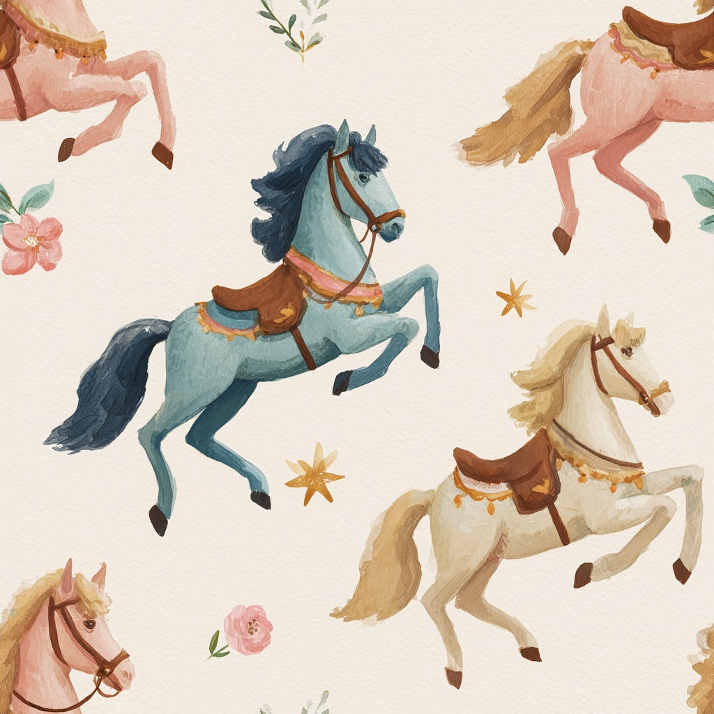 Carousel Horses Wallpaper Watercolor Vintage Nursery Decorative Mural pattern artwork