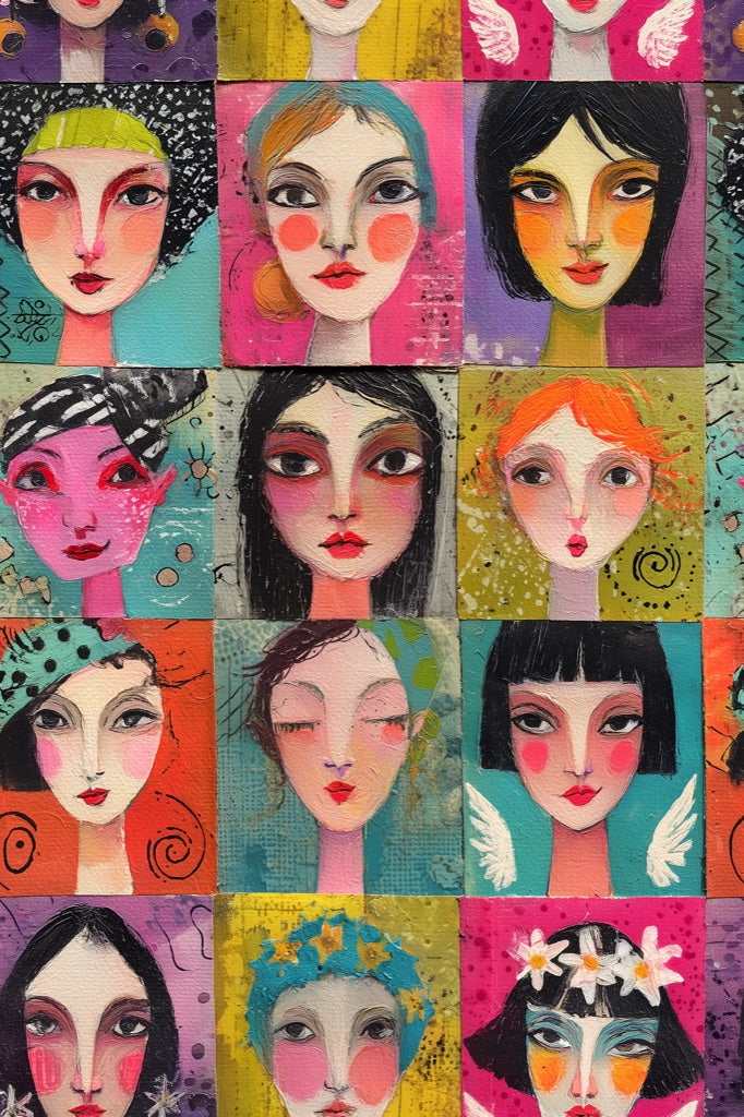 Stylized Female Portraits Wallpaper Colorful Grid Removable Mixed Media Texture Wall Decor pattern artwork