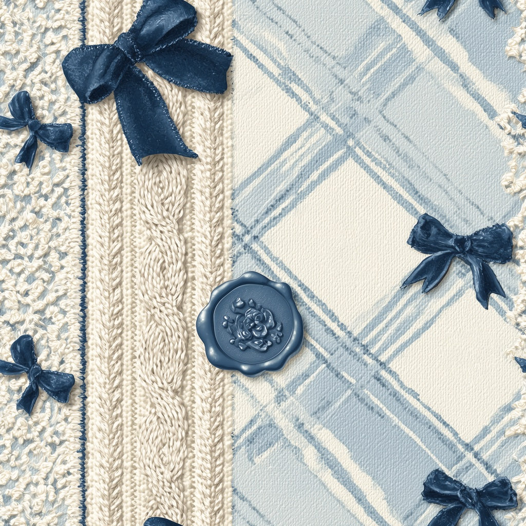 Light Blue Plaid Wallpaper Navy Ribbon Bows Knit Texture Removable Wall Decor pattern artwork