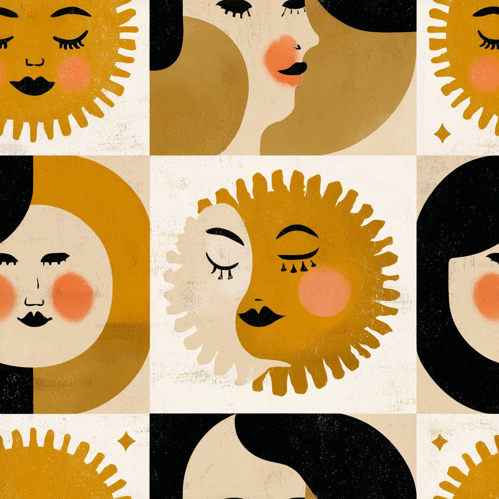 Sun And Moon Wallpaper Celestial Abstract Faces Decorative Mural pattern artwork