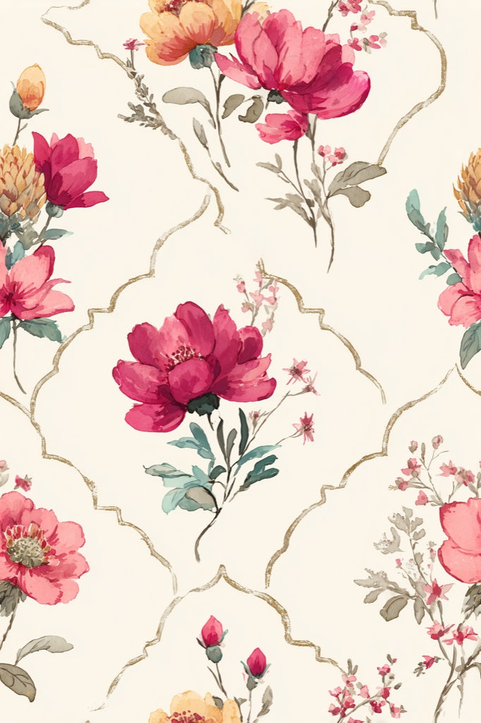 Watercolor Floral Wallpaper Pink Peonies Removable Gold Trellis Wall Decor pattern artwork
