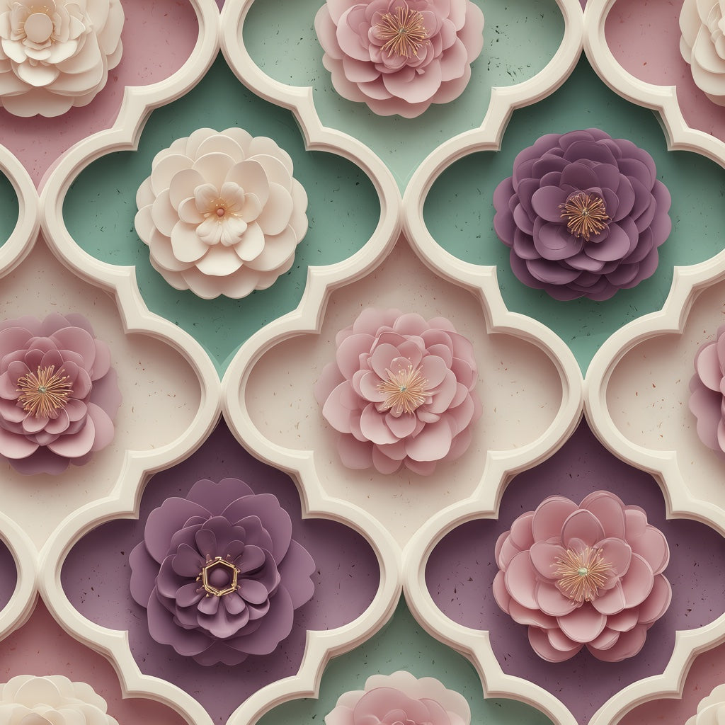 3D Paper Cut Flowers Wallpaper Quatrefoil Trellis Sage Green Decorative Mural pattern artwork