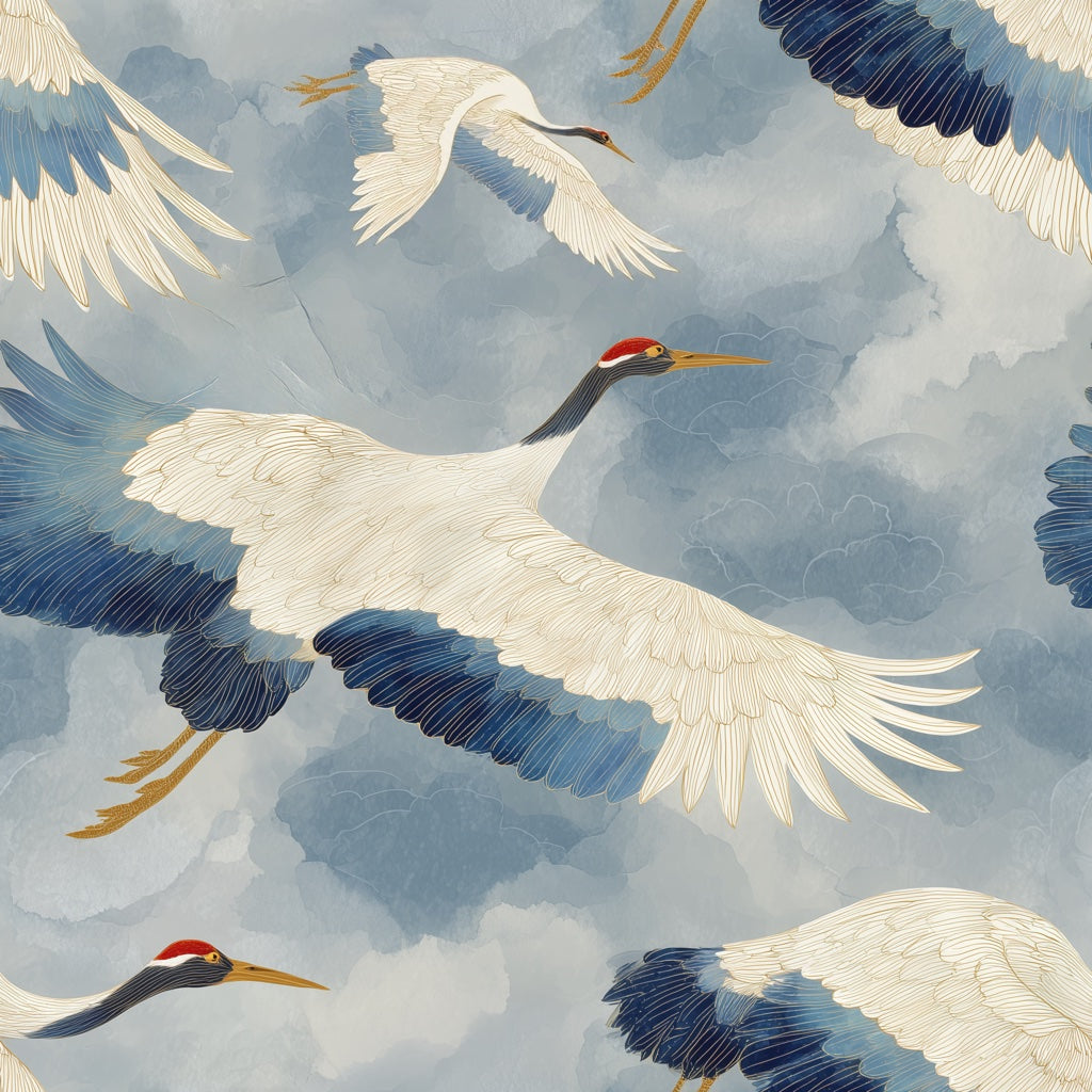 Birds In Flight Wallpaper Blue Watercolor Sky Gold Linework Decorative Mural pattern artwork