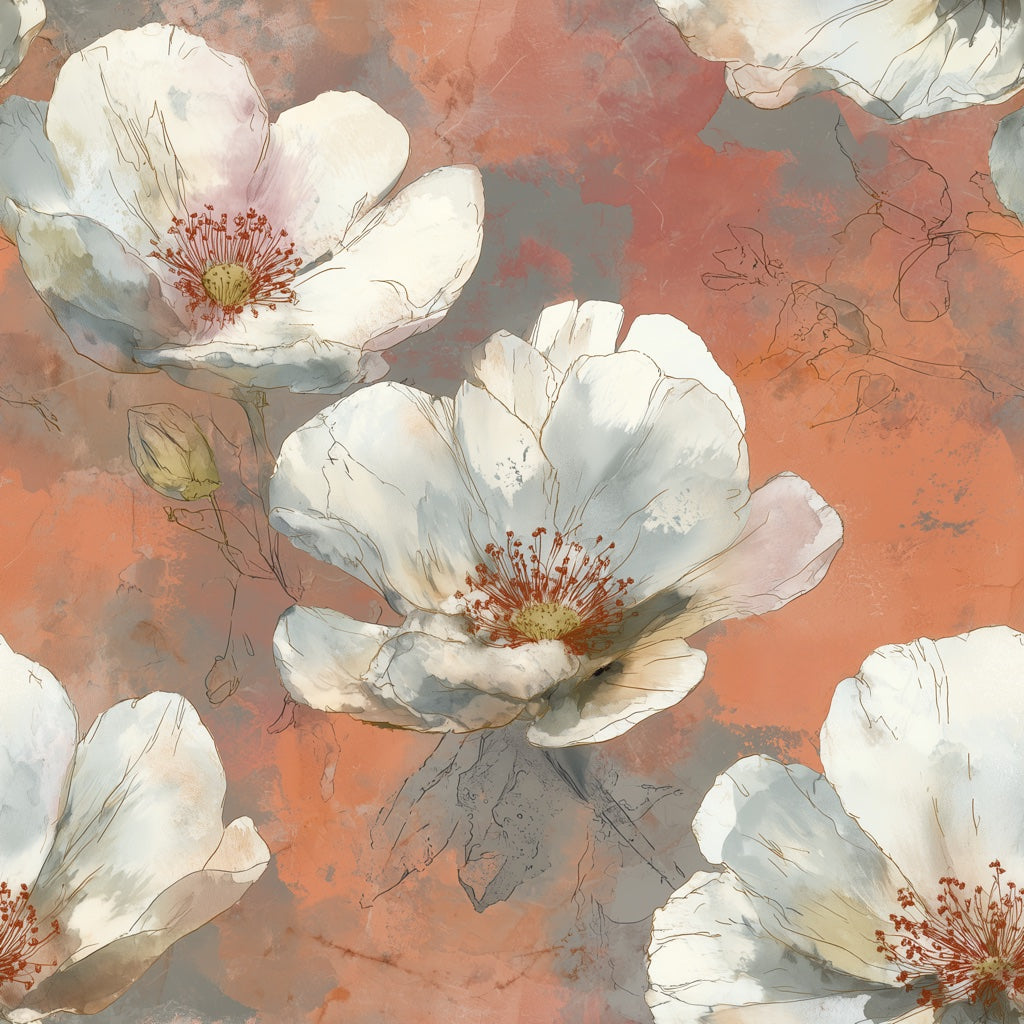 Floral Wallpaper Oversized White Blossoms Removable Watercolor Wash Wall Decor pattern artwork