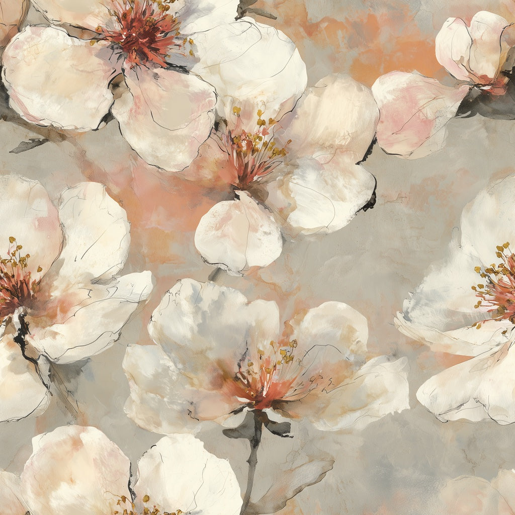 Watercolor Floral Wallpaper Oversized Blossoms Cream Background Decorative Mural pattern artwork