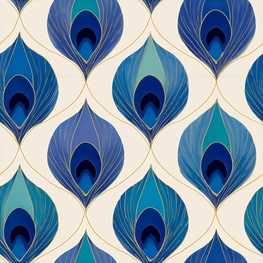 Peacock Feather Wallpaper Blue And Teal Gold Linework Decorative Mural pattern artwork