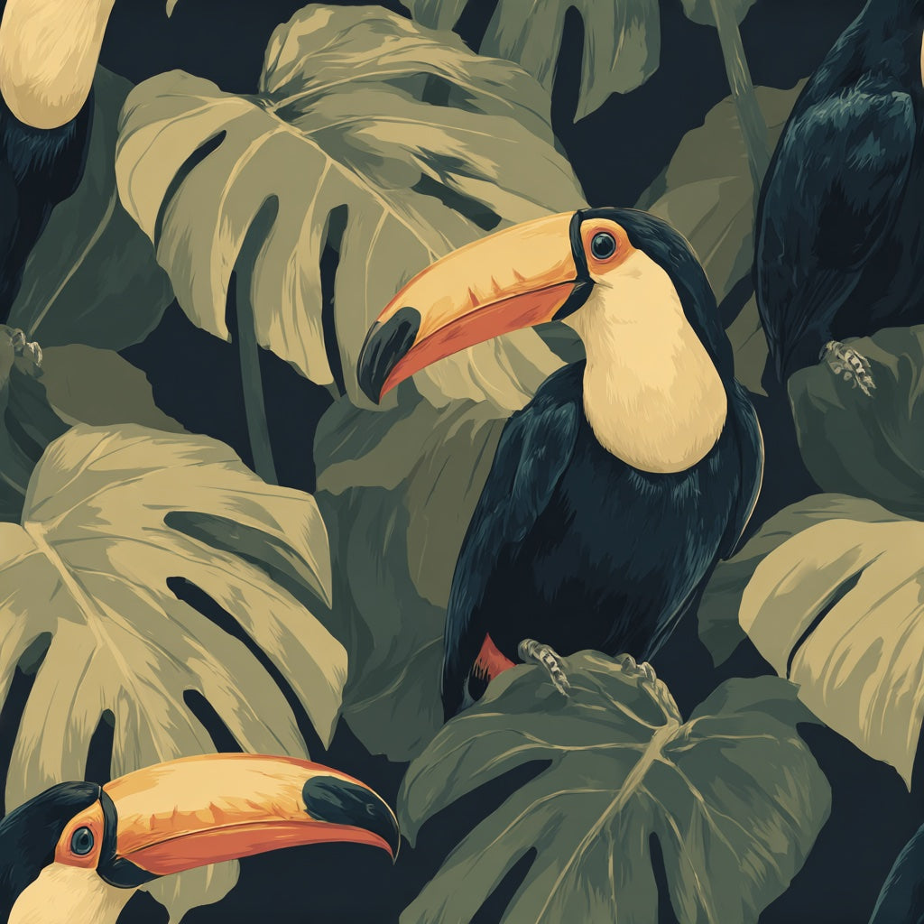 Dark Tropical Wallpaper Toucan Jungle Leaves Removable Wall Decor pattern artwork