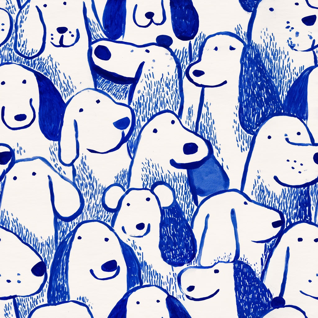 Blue And White Wallpaper Playful Dogs Hand Drawn Decorative Mural pattern artwork