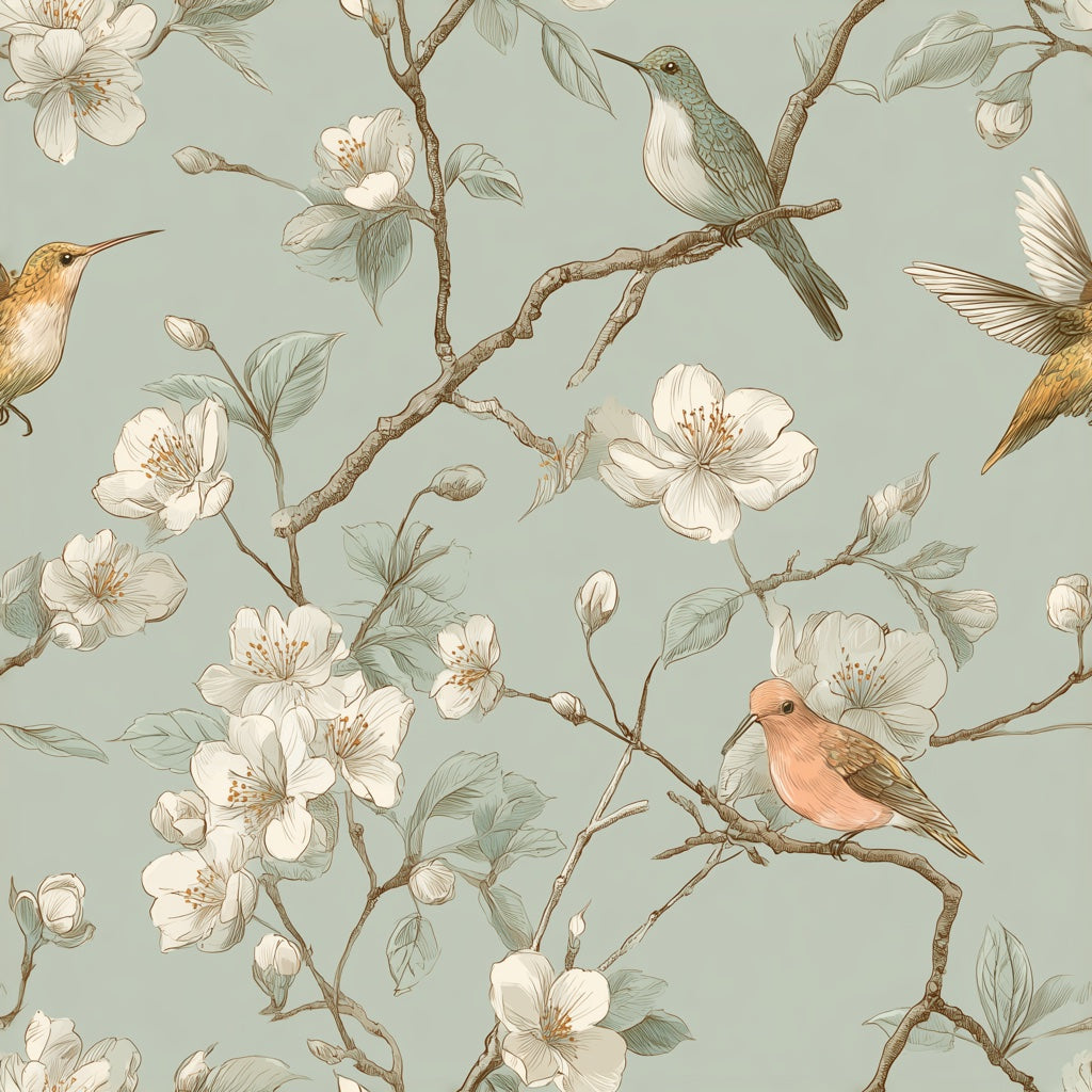Botanical Wallpaper Blossom Branches Birds Decorative Mural pattern artwork
