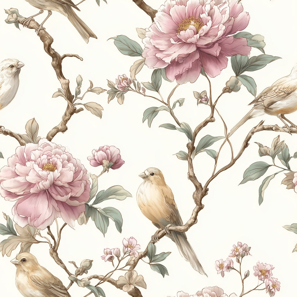 Peony Wallpaper Birds Vintage Illustration Decorative Mural pattern artwork