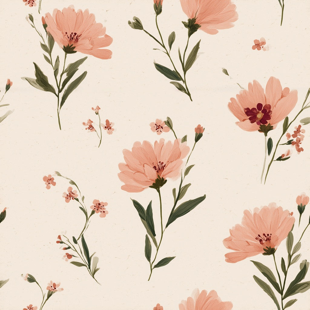 Floral Wallpaper Peach Pink Flowers Cream Background Decorative Mural pattern artwork