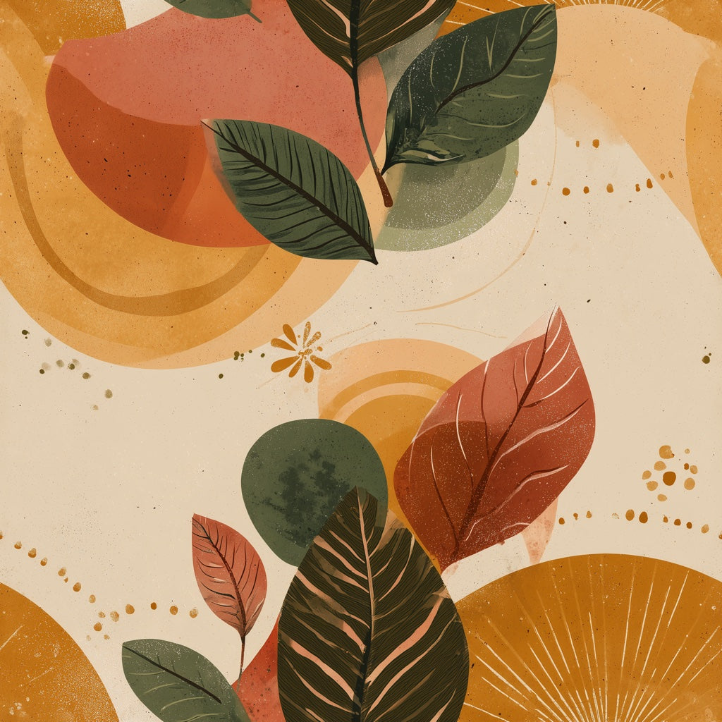 Botanical Leaves Wallpaper Abstract Circles Removable Mid Century Inspired Wall Decor pattern artwork