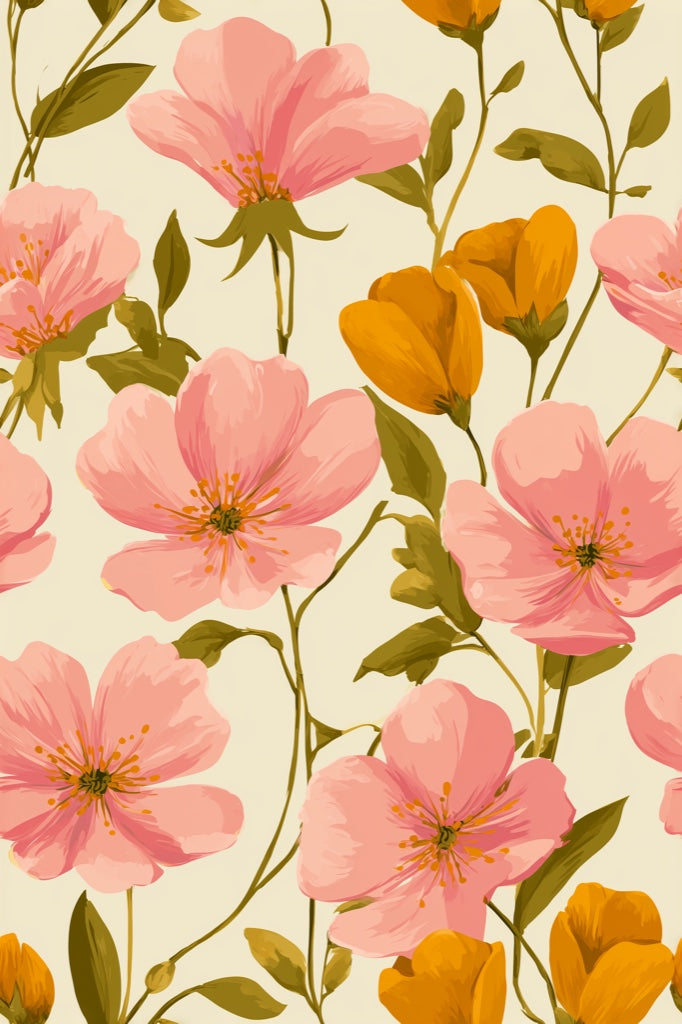 Floral Wallpaper Pink Blossoms Cream Background Removable Wall Decor pattern artwork