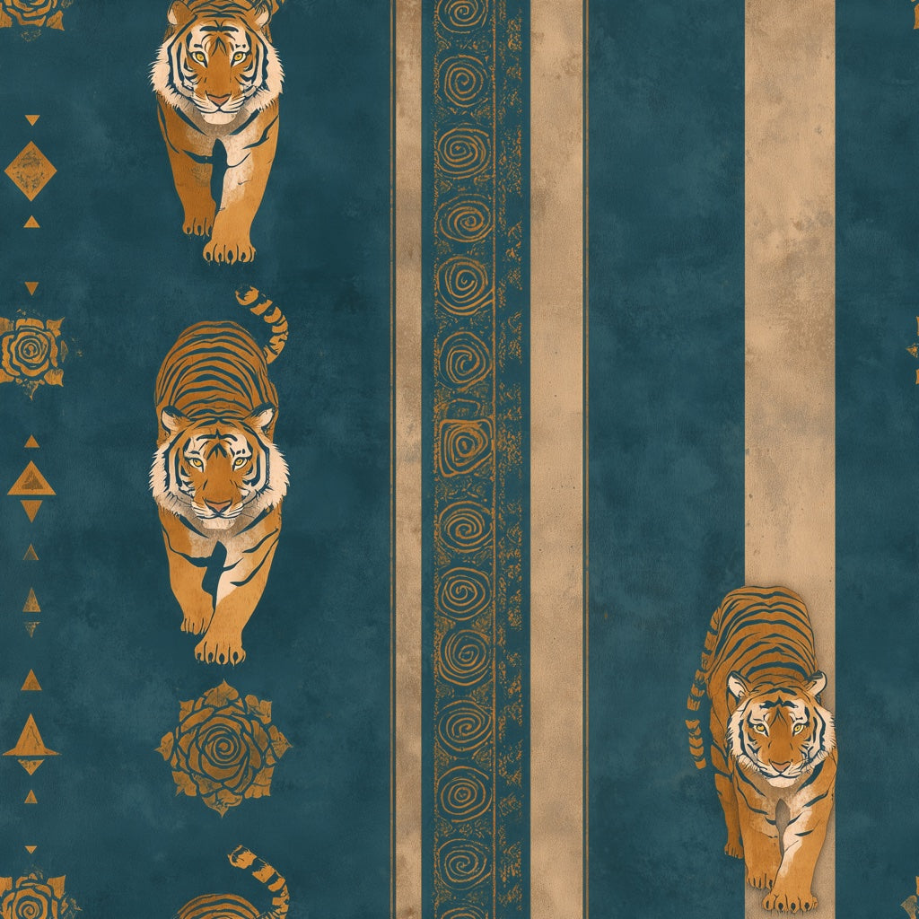 Dark Teal Wallpaper Tigers Vertical Stripes Decorative Mural pattern artwork